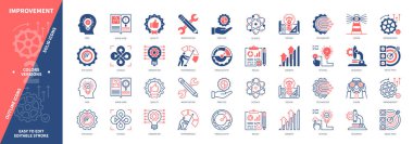 Geliştirme simgesi ayarlandı. Hedefler, Modifikasyon, Test, Teknoloji, Tasarım, Araştırma, Performans, Uygulama. Duotone rengi katı ve düzenlenebilir dış hat simgeleri