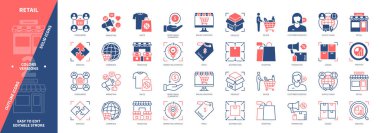 Perakende simgesi ayarlandı. Bayilik, Dağıtım, Analiz, Tüketiciler, Pazarlama Stratejisi, Alışveriş, Tedarik Zinciri, Satış. Duotone rengi katı ve düzenlenebilir dış hat simgeleri