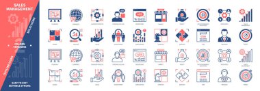 Satış Yönetimi simgesi seti. İş Süreci, Ticaret, Strateji, Planlama, Kişisel Satış, Tahmincilik, CRM. Duotone rengi katı ve düzenlenebilir dış hat simgeleri