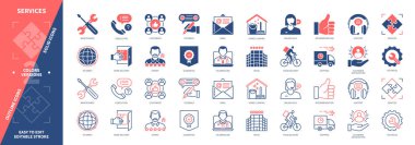 Servis simgesi ayarlandı. Destek, Çevrimiçi Yardım, Bakım, Nakliye, Danışmanlık, Uzmanlık, Ev Teslimatı, Garanti. Duotone rengi katı ve düzenlenebilir dış hat simgeleri