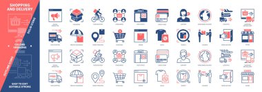 Alışveriş ve Teslimat ikonu seti. Paketleme, Kredi Kartı, Sipariş İzleme, Ücretsiz Nakliye, Mağaza, Arama, Satış, Tüketiciler. Duotone rengi katı ve düzenlenebilir dış hat simgeleri