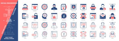 Sosyal Mühendislik simgesi seti. Phishing, Şifre, Yem, Casusluk, Su Deliği, Erişim, Bahane, Siber Güvenlik. Duotone rengi katı ve düzenlenebilir dış hat simgeleri