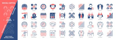 Sosyal sermaye simgesi seti. Katılım, Ağ, Karşılıklılık, Aile Bağları, Toplum, Normlar ve Değerler, İşbirliği, Özel Mülkiyet. Duotone rengi katı ve düzenlenebilir dış hat simgeleri
