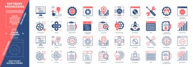 Yazılım Mühendisliği simgesi seti. Bakım, Tasarım, Yazılım, Programlama, Yerleştirme, Uygulama, Onay, Güncelleme, Deneme. Duotone rengi katı ve düzenlenebilir dış hat simgeleri