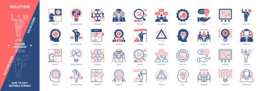 Çözüm simgesi ayarlandı. Planlama, Analiz, Uzlaşma, Strateji, Düşünme, Yenilik, Tartışma, Başarı. Duotone rengi katı ve düzenlenebilir dış hat simgeleri