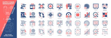 Tedarik zinciri yönetim simgesi seti. Lojistik, Kâr, Dağıtım, Üretici, Müşteri, Analiz, Yönetim, Ham Malzemeler. Duotone rengi katı ve düzenlenebilir dış hat simgeleri