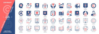 Telif hakkı simgesi seti. Fikir, Yazar, Patent, Sahiplik, Yargı, İçerik, Yaratıcı Çalışma, Kılavuz. Duotone rengi katı ve düzenlenebilir dış hat simgeleri