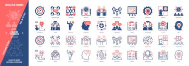 Beyin fırtınası ikonu ayarlandı. Görüş, Hedef, Planlama, İletişim, Fikir, Mantık, Çözüm, Takım Çalışması. Duotone rengi katı ve düzenlenebilir dış hat simgeleri