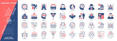 Komplo Teorisi ikonu seti. Gölge Hükümeti, Delil, Güvensizlik, Önyargı, Yanıltma, Bakış açısı, Cinayet, Takipçiler, Politika. Duotone rengi katı ve düzenlenebilir dış hat simgeleri