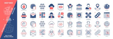 Derin Web simgesi seti. Gizli Site, Kara Borsa, Güvenlik, Anonim, Bankacılık, İndeksleme, Adres, Web Postası. Duotone rengi katı ve düzenlenebilir dış hat simgeleri