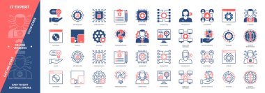 Bilgi işlem uzmanı simgesi seti. Ayarlar, Danışmanlık, Çevrimiçi Yardım, Güncelleme, Uzaktan Bakım, Parametreler, Yükseltme. Duotone rengi katı ve düzenlenebilir dış hat simgeleri