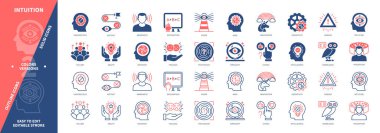 Sezgi simgesi ayarlandı. Hayal gücü, Öngörü, İçgüdü, Psikoloji, Davranış, Algı, Seçim, Bilgi. Duotone rengi katı ve düzenlenebilir dış hat simgeleri