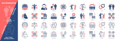 Ayrımcılık simgesi seti. Irkçılık, Taciz, Sosyal Konular, Eşitsizlik, Şiddet, Manipülasyon, Cinsiyet, Haksızlık. Duotone rengi katı ve düzenlenebilir dış hat simgeleri