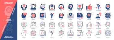 Zeka simgesi seti. Mantık, Yanlış, Kavramsallaştırma, Gerçek, Soyutlama, Çözüm, Tarafsızlık, Karar. Duotone rengi katı ve düzenlenebilir dış hat simgeleri