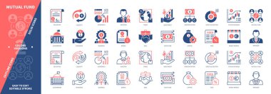 Ortak fon simgesi seti. Menkul Kıymetler, Nakit Akış, Para, Yatırım, Borsa, Çeşitlendirme, Bölünme, Ekonomi. Duotone rengi katı ve düzenlenebilir dış hat simgeleri