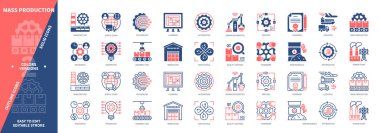 Seri üretim ikonu seti. Manufactory, Kalite Kontrol, Standartlar, Yenilik, Otomasyon, Kaynaklar, Montaj Hattı, Teknoloji. Duotone rengi katı ve düzenlenebilir dış hat simgeleri