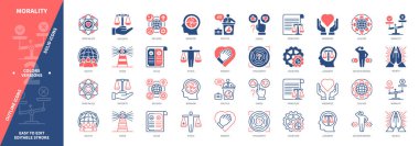 Ahlak simgesi seti. Dürüstlük, Din, İlkeler, Seçim, Felsefe, Toplum, Karar Verme, Temel Değerler. Duotone rengi katı ve düzenlenebilir dış hat simgeleri