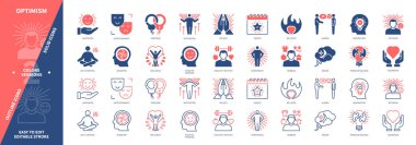 İyimserlik simgesi seti. Mutluluk, İnançlar, Eğlence, Kültür, Pozitif Düşünce, Mizah, Özgürlük, İlham. Duotone rengi katı ve düzenlenebilir dış hat simgeleri