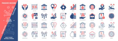 Pasif Gelir simgesi ayarlandı. Maliye, Tasarruf, Ev Kirası, Emeklilik Fonu, Paylaşım, Mal varlığı, Yatırım, Menkul Kıymetler. Duotone rengi katı ve düzenlenebilir dış hat simgeleri