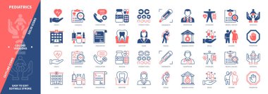 Pediatri ikonu seti. Çocuklar, Klinik, Pediyatrist, Teşhis, Tıp, Hastalık, Reçete, Danışmanlık. Duotone rengi katı ve düzenlenebilir dış hat simgeleri