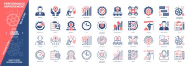 Performans Geliştirme simgesi ayarlandı. Prosedürler, Üretim, Ödül, Anket, Yeterlilik, Müşteriler, Geliştirme, Performans. Duotone rengi katı ve düzenlenebilir dış hat simgeleri