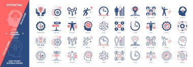 Potansiyel simge seti. Termodinamik, Hareket, Sosyal Bilim, Enerji, Psikoloji, Etik, Etkinlik, Fizik. Duotone rengi katı ve düzenlenebilir dış hat simgeleri