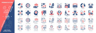 Kalıcı ikon seti. Ekosistem, Tarım, Yerleşim Tasarımı, Ekoloji, Arazi Yönetimi, Toplum Direnişi, Kaynaklar, Sinerji. Duotone rengi katı ve düzenlenebilir dış hat simgeleri