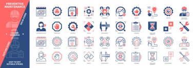 Koruyucu Bakım ikonu hazır. Arıza, Teftiş, Şartlar, Müşteri Hizmetleri, Tamir, Sertifika, Değiştirme, Yenileme. Duotone rengi katı ve düzenlenebilir dış hat simgeleri