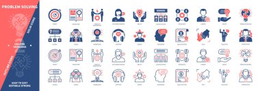 Sorun çözme simgesi seti. Avukat, Sınıf, Vizyon, Nasıl, Nedenler, Çatışma Yönetimi, Destek, Çözüm. Duotone rengi katı ve düzenlenebilir dış hat simgeleri
