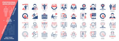 Profesyonel Geliştirme simgesi seti. Eğitim, Uygulama, Öğrenme, Vaka Çalışması, Kariyer, Danışmanlık, Meslek, Meslek Okulu. Duotone rengi katı ve düzenlenebilir dış hat simgeleri
