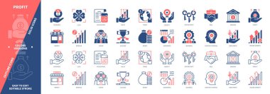 Kâr simgesi seti. Yaratıcı Düşünce, Gelir Büyümesi, Yatırım, Bölünme, Şans, Ekonomi, Gelir, Muhasebe. Duotone rengi katı ve düzenlenebilir dış hat simgeleri