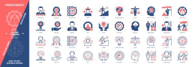 Yeterlilik simgesi seti. Teori, Uygulama, Liderlik, Etik, Başarı, Sistem Düşünme, Verimlilik, Hedef Ayarlama. Duotone rengi katı ve düzenlenebilir dış hat simgeleri