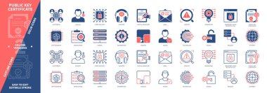 Açık Anahtar Sertifika simgesi seti. Teknoloji, Yenilik, Kriptografi, Konu, Doğrulama, Sayı, Siber Güvenlik, Dijital İmza. Duotone rengi katı ve düzenlenebilir dış hat simgeleri