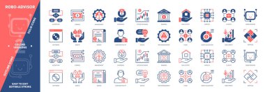 Robo Danışman simgesi ayarlandı. Danışman, Yatırım, Yazılım, Algoritma, Fintech, Yönetim, Varlık Bölümü, Danışmanlık. Duotone rengi katı ve düzenlenebilir dış hat simgeleri