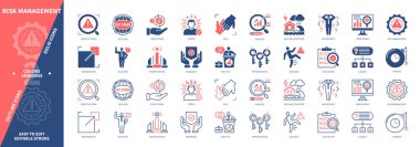 Risk Yönetimi simgesi ayarlandı. Küçültme, Belirsizlik, Sigorta, Analiz, Doğal Afetler, Kimlik Tespiti, Stres, Yardım. Duotone rengi katı ve düzenlenebilir dış hat simgeleri