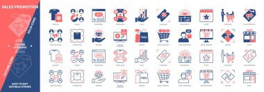 Satış tanıtım ikonu seti. Etkinlikler, Yeni Ürün, Ürün Yerleştirme, Kupon, Bedava, İndirim, Tüketiciler, Satış. Duotone rengi katı ve düzenlenebilir dış hat simgeleri