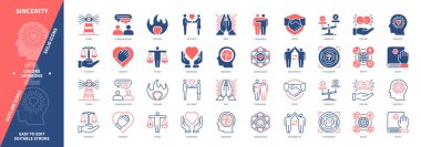 Samimiyet simgesi seti. İyilik, Çekirdek Değerler, İnançlar, Dua, İletişim, Ahlak, Dostluk, Bütünlük. Duotone rengi katı ve düzenlenebilir dış hat simgeleri