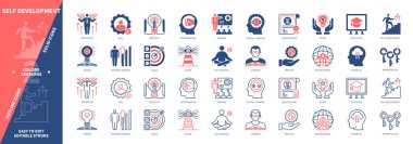Kişisel gelişim simgesi seti. Hedefler, Motivasyon, Eğitim, Öğrenme, Yetenek, Kişisel Büyüme, Yaratıcılık, Çevrimiçi Okul. Duotone rengi katı ve düzenlenebilir dış hat simgeleri