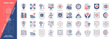 Akıllı Izgara simgesi seti. Güvenilirlik, Dağıtım, Yenilenebilir Enerji, Akıllı Metreler, Yönetim, Güvenlik, Akıllı Şehir, Altyapı. Duotone rengi katı ve düzenlenebilir dış hat simgeleri