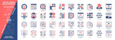 Sosyal Medya Ölçüm simgesi seti. Veri Toplama, Sosyal Medya, Konular, Viki, Anahtar Performans Göstergesi, Fikir, Brand, Web Sitesi. Duotone rengi katı ve düzenlenebilir dış hat simgeleri