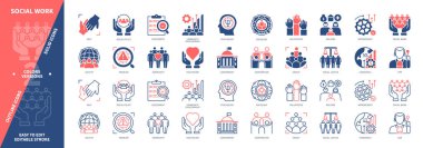 Sosyal hizmetler ikonu seti. Toplum, Psikoloji, Sosyal Adalet, Sosyoloji, Hukuk, Ekonomi, Toplum Sağlığı, Hükümet. Duotone rengi katı ve düzenlenebilir dış hat simgeleri