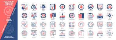 İstatistiksel Süreç Kontrol simgesi ayarlandı. Üretim Hatları, Kalite Kontrol, Standart, İzleme, Hata Tespit, Tasarım, Özellikler, Sorunları Önleme. Duotone rengi katı ve düzenlenebilir dış hat simgeleri