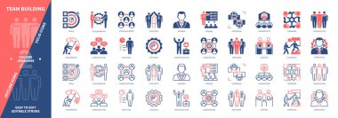 Takım oluşturma simgesi seti. Takım Ruhu, Takım Çalışması, İş Bulma, İşbirliği, İletişim, Performans, Liderlik. Duotone rengi katı ve düzenlenebilir dış hat simgeleri