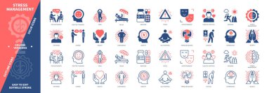 Stres Yönetimi simgesi ayarlandı. Psikoterapi, Koşu, Mizah, Anksiyete, Depresyon, Sağlıklı Yaşam Tarzı, Yorgunluk, Rahatlama. Duotone rengi katı ve düzenlenebilir dış hat simgeleri