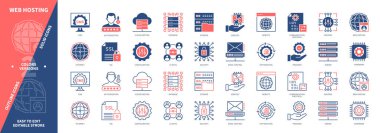 Web sunucu simgesi seti. Bulut Sunucu, Yetkilendirme, Yapılandırma, Güvenlik, Veritabanı, Sunucu, Web Sitesi, Kontrol. Duotone rengi katı ve düzenlenebilir dış hat simgeleri