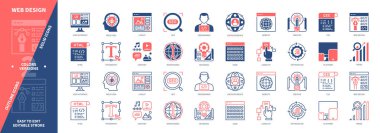 Web Tasarım simgesi seti. Platform, Kullanılabilirlik, İçerik, Taze Fikir, Düzen, Kullanıcı Deneyimi, Arayüz, SEO. Duotone rengi katı ve düzenlenebilir dış hat simgeleri