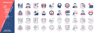 Stajyerlik ikonu ayarlandı. Meslek, Çıraklık, Deneyim, Yetenek, Başvuru, Öğrenme, Kariyer, Eğitim. Duotone rengi katı ve düzenlenebilir dış hat simgeleri