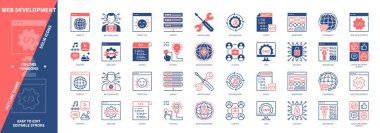 Web Geliştirme simgesi seti. Betik, optimizasyon, test, kodlama, bakım, kullanılabilirlik, web sitesi, kablo çerçevesi. Duotone rengi katı ve düzenlenebilir dış hat simgeleri