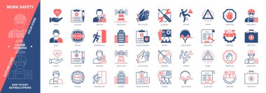 İş Güvenliği simgesi seti. Önleme, Kask, Eldiven, Yaralanma, Acil Çıkış, Ekipman, Eğitim. Duotone rengi katı ve düzenlenebilir dış hat simgeleri