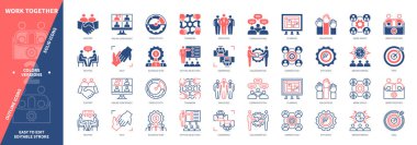 Birlikte çalışma simgesi seti. İletişim, Destek, Ortak Görev, Beyin Fırtınası, İşbirliği, Hedefleri Ayarlama, İşbirliği, Gönüllüler. Duotone rengi katı ve düzenlenebilir dış hat simgeleri